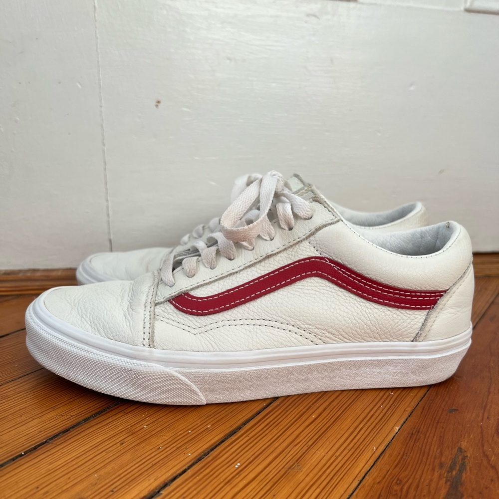 White Leather Low Top Vans with Red Accent Stripe